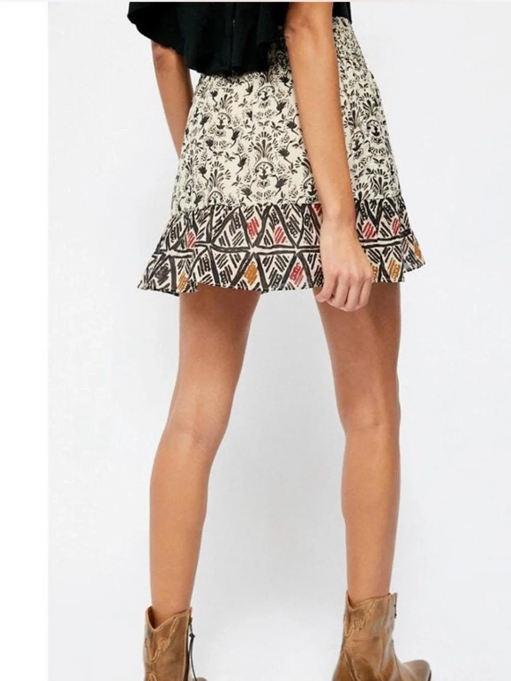 Free People XS Mini Skirt Bohemian Festival Ruffle Cotton Smocked